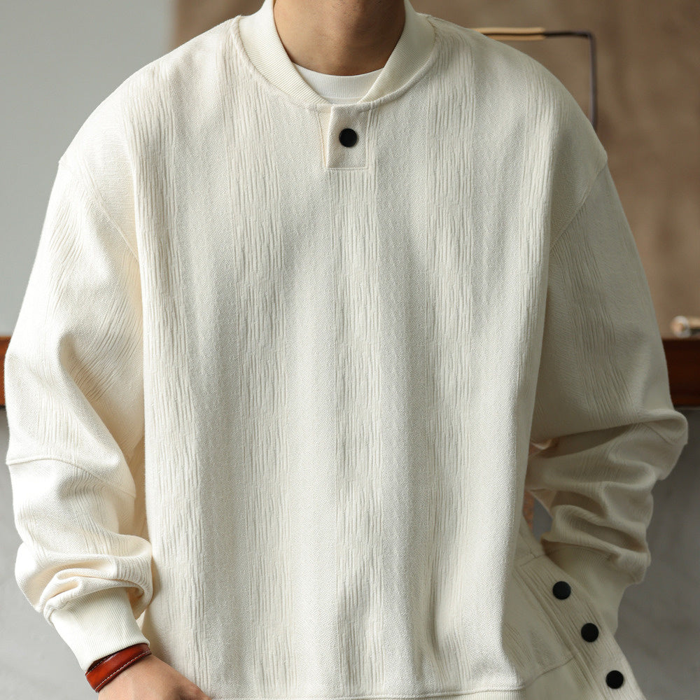 美式休閒重磅提花紋理衛衣男鬆弛設計感寬鬆棒球領套頭衫秋-Retro's Wear