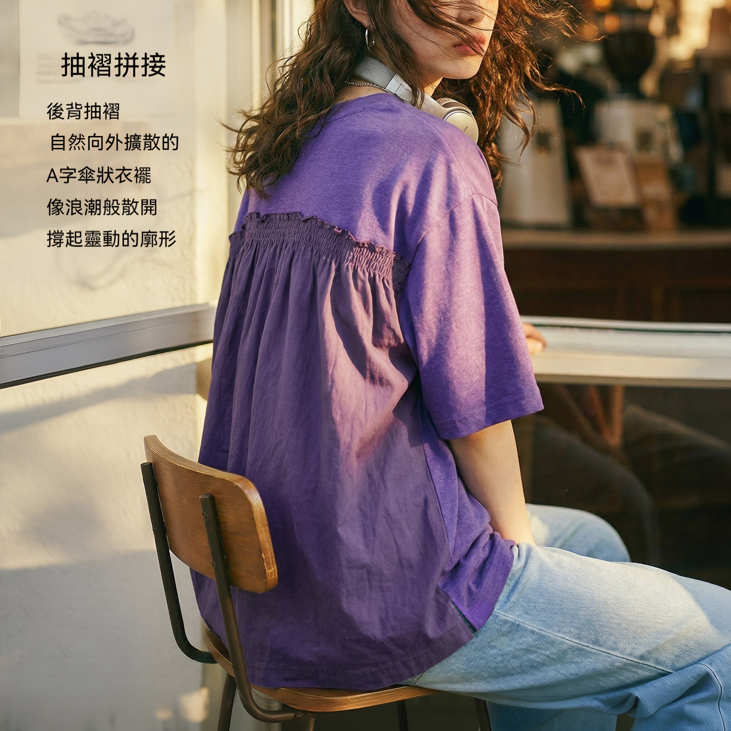 紫色復古花邊拼接寬鬆数位印花短袖t恤小眾設計感上衣女士夏