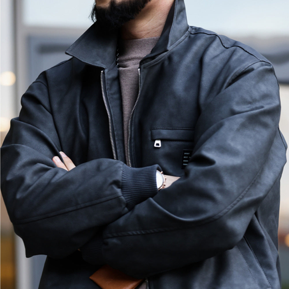 美式復古PU皮夾克男cleanfit寬鬆質感工裝底特律獵裝皮衣外套-Retro's Wear