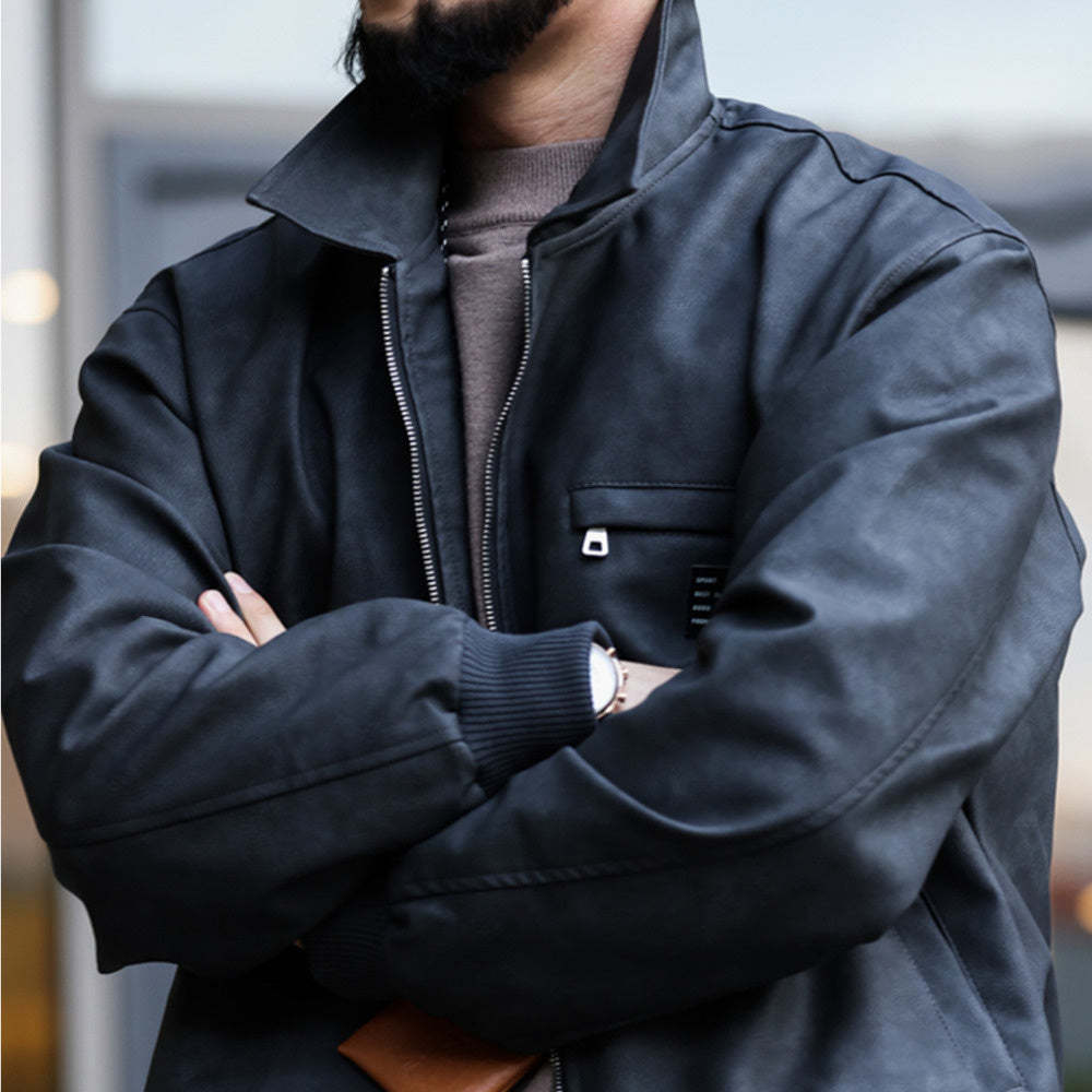 美式復古PU皮夾克男cleanfit寬鬆質感工裝底特律獵裝皮衣外套-Retro's Wear