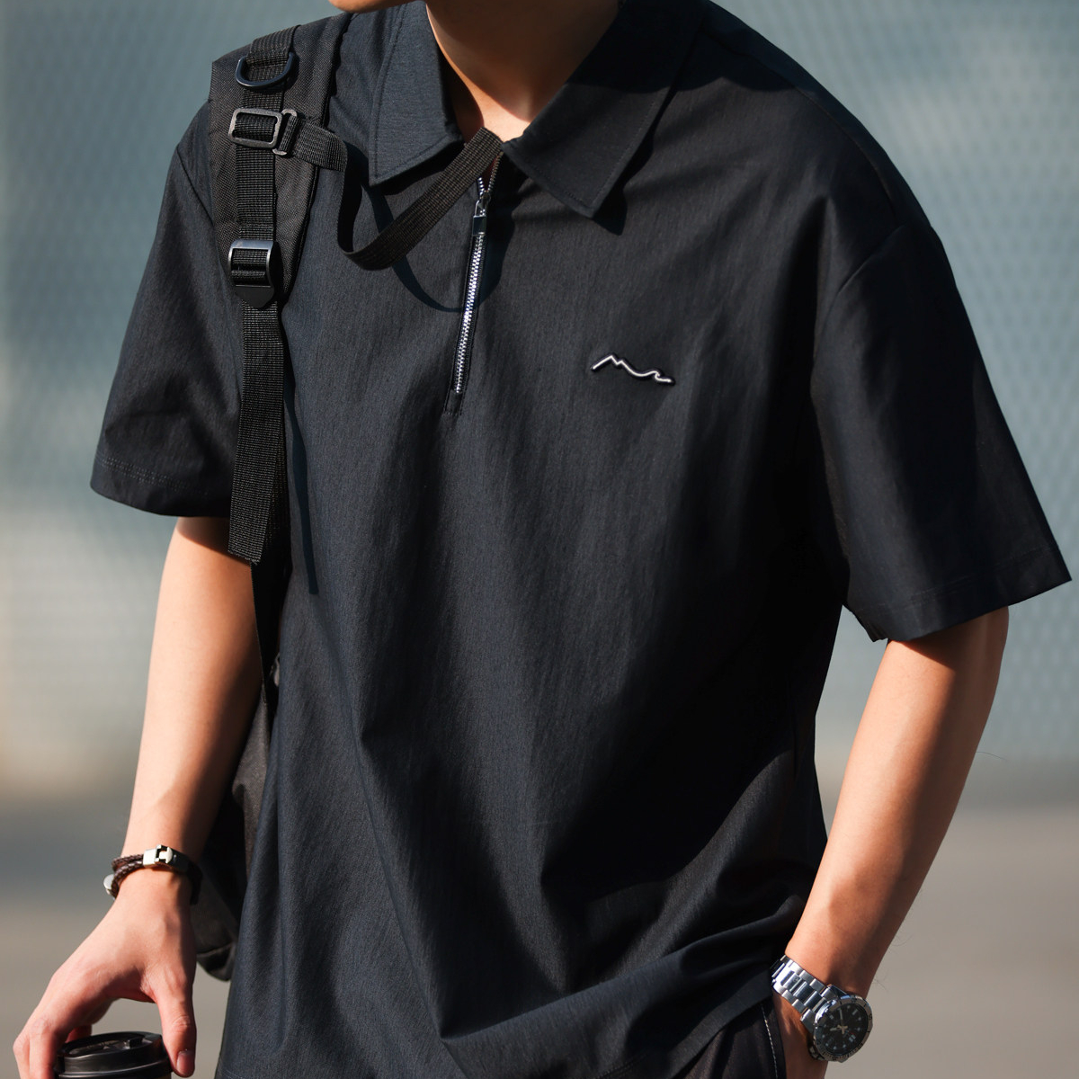 美式休閒200g半拉鍊短袖POLO衫男仿原牛色寬鬆襯衫領T恤