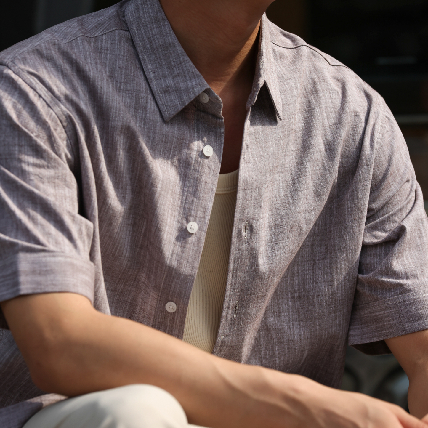 美式復古160g竹節麻感中袖襯衣男抗皺免燙休閒短袖襯衫