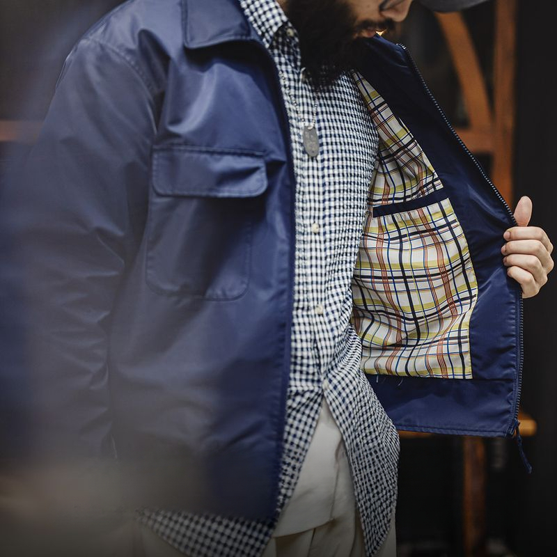 美式復古海軍藍刺繡夾克字母翻領拉鍊尼龍休閒外套男秋冬