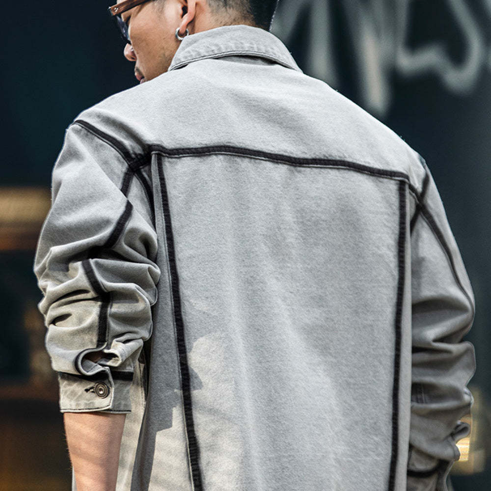 美式水洗描邊牛仔外套男春季2025新款潮牌復古軋染翻領工裝夾克男