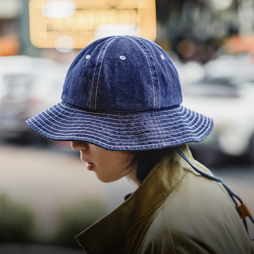 美式復古丹寧牛仔漁夫帽寬帽檐咔嘰圓頂遮陽帽盆帽男女