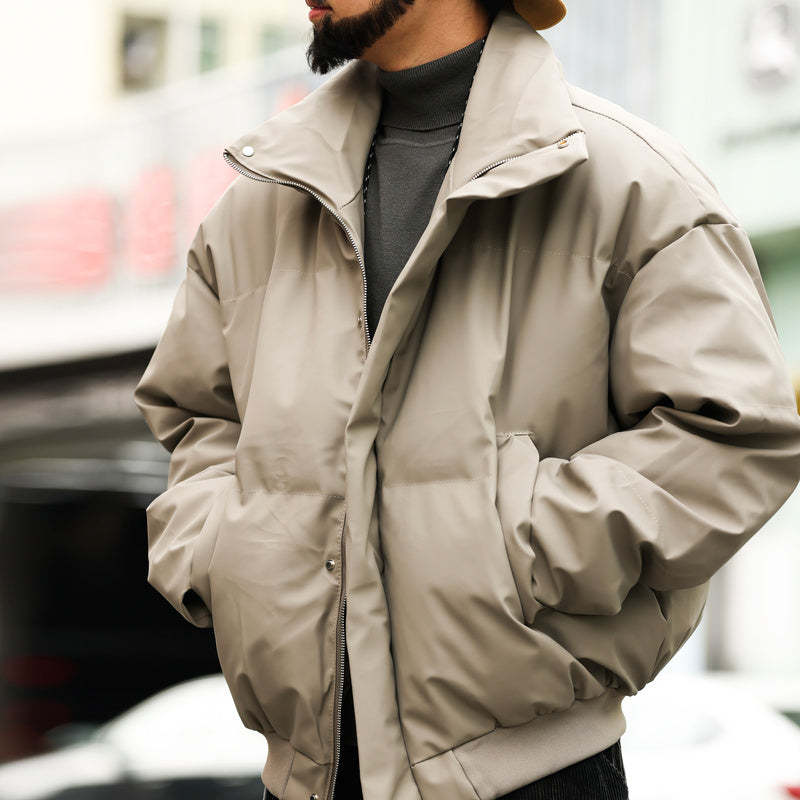 美式休閒cleanfit短款立領PU皮棉服外套男寬鬆復古高級感棉衣-Retro's Wear