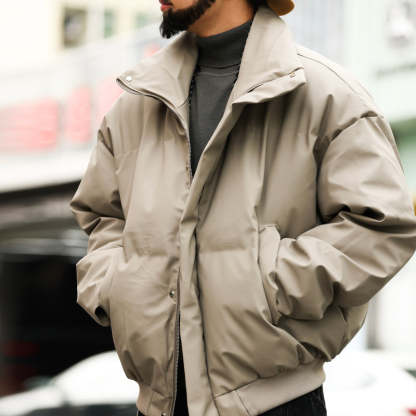 美式休閒cleanfit短款立領PU皮棉服外套男寬鬆復古高級感棉衣-Retro's Wear