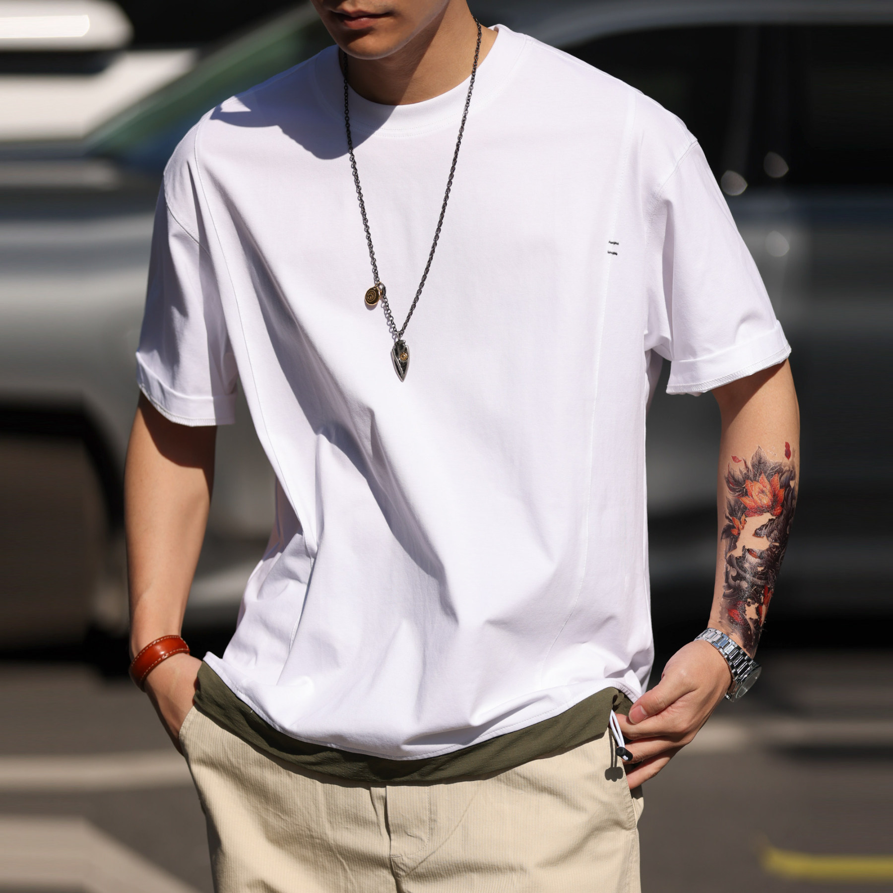 美式戶外工裝短袖T恤男士夏季撞色拼接裁剪設計休閒TEE