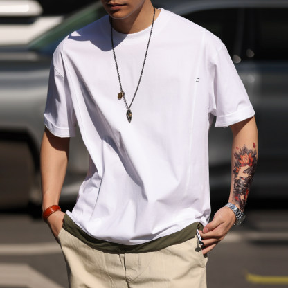 美式戶外工裝短袖T恤男士夏季撞色拼接裁剪設計休閒TEE