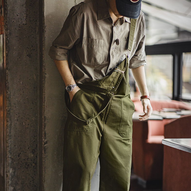 美式復古海軍甲板背帶褲阿美哢嘰吊帶休閒直筒連體褲男夏-Retro's Wear