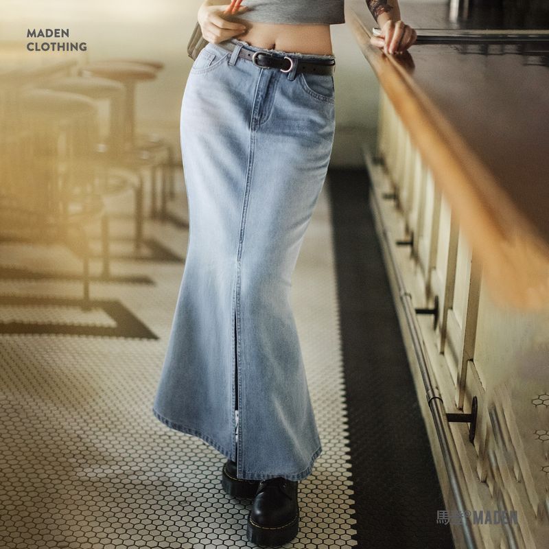 水洗藍色做舊復古牛仔長款開叉包臀顯瘦魚尾半身裙子早秋女士