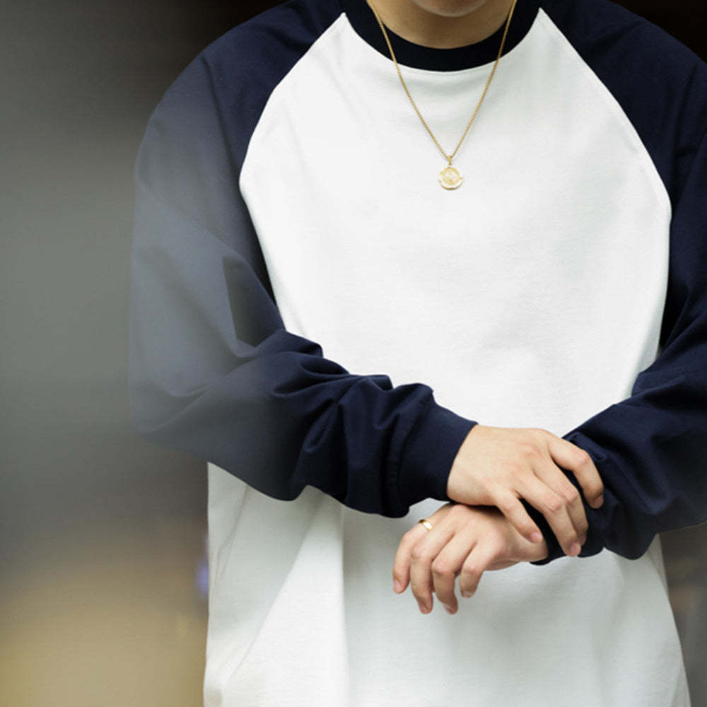 重磅純棉300g日系撞色插肩長袖T恤男寬鬆基礎版復古打底衫秋-Retro's Wear