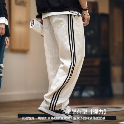 萊賽爾亞麻薄款休閒褲男夏季新款美式條紋男士垂感直筒長褲子
