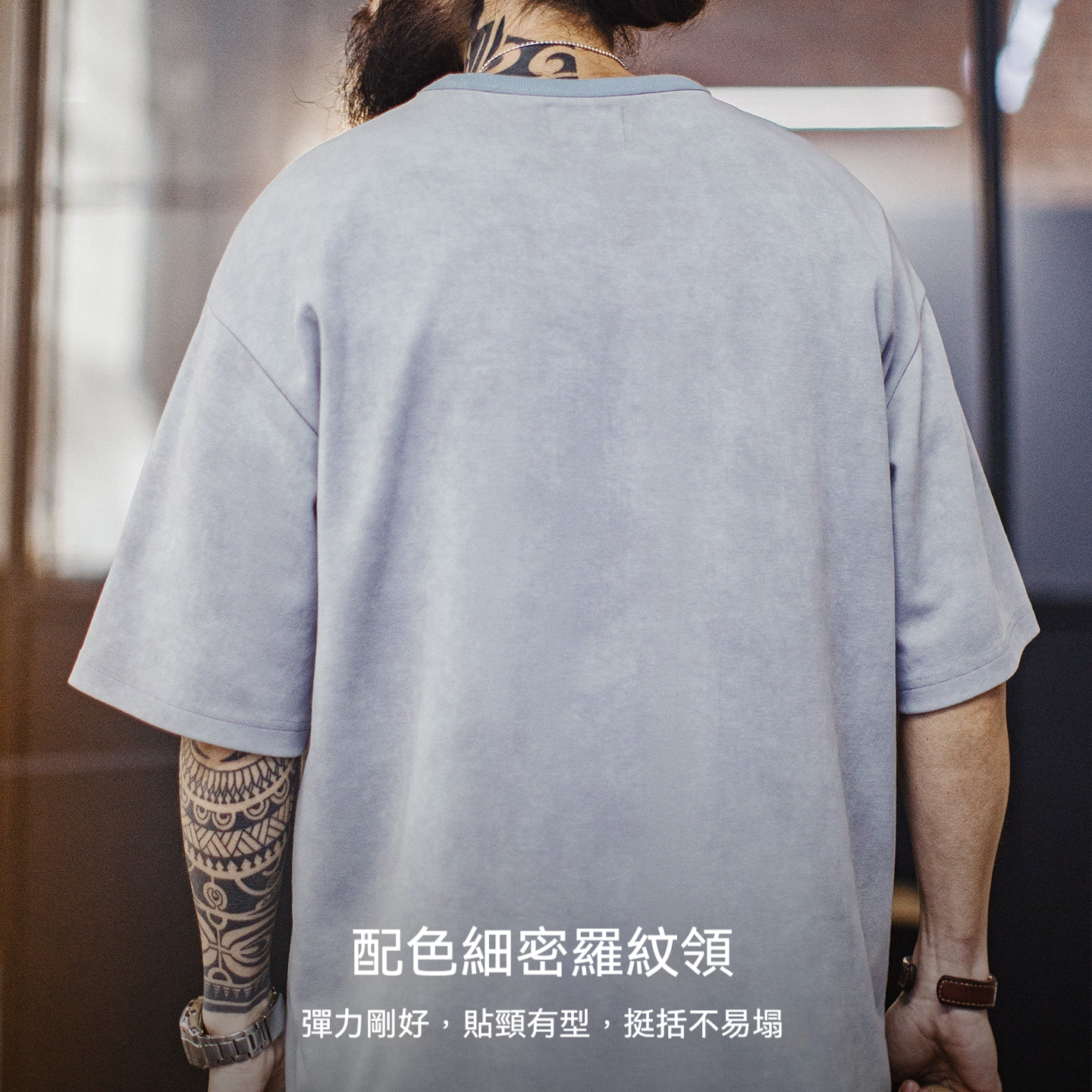 美式復古印花做舊仿蠟染圓領藍色落肩針織短袖T恤男士夏