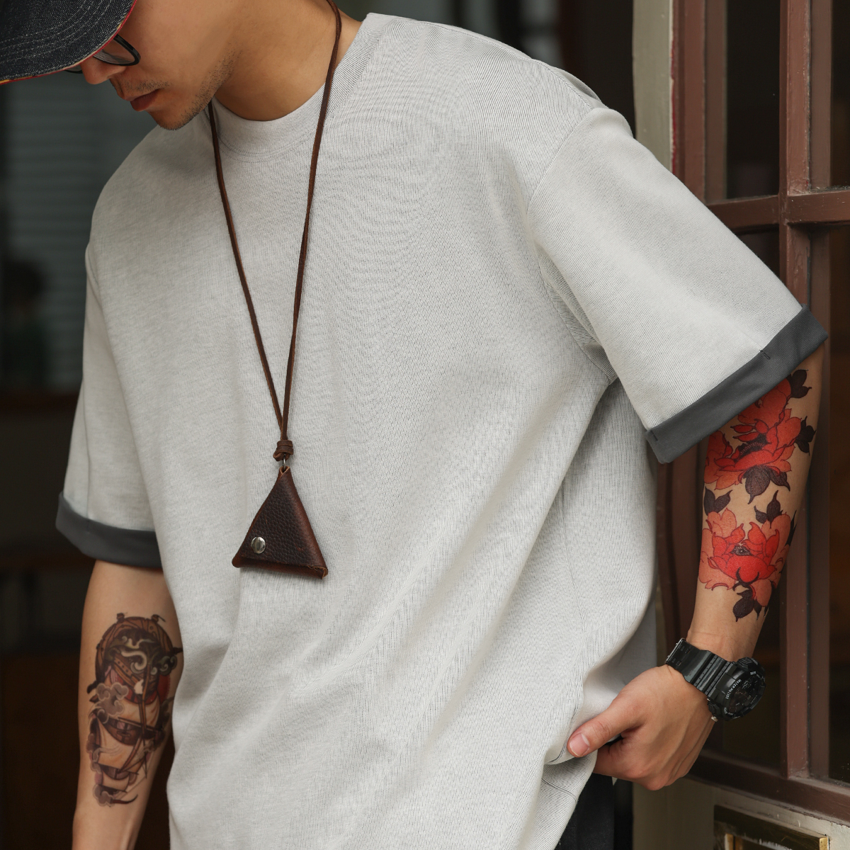 美式休閒雙面异色短袖T恤男230g凉感假兩件肌理感打底衫