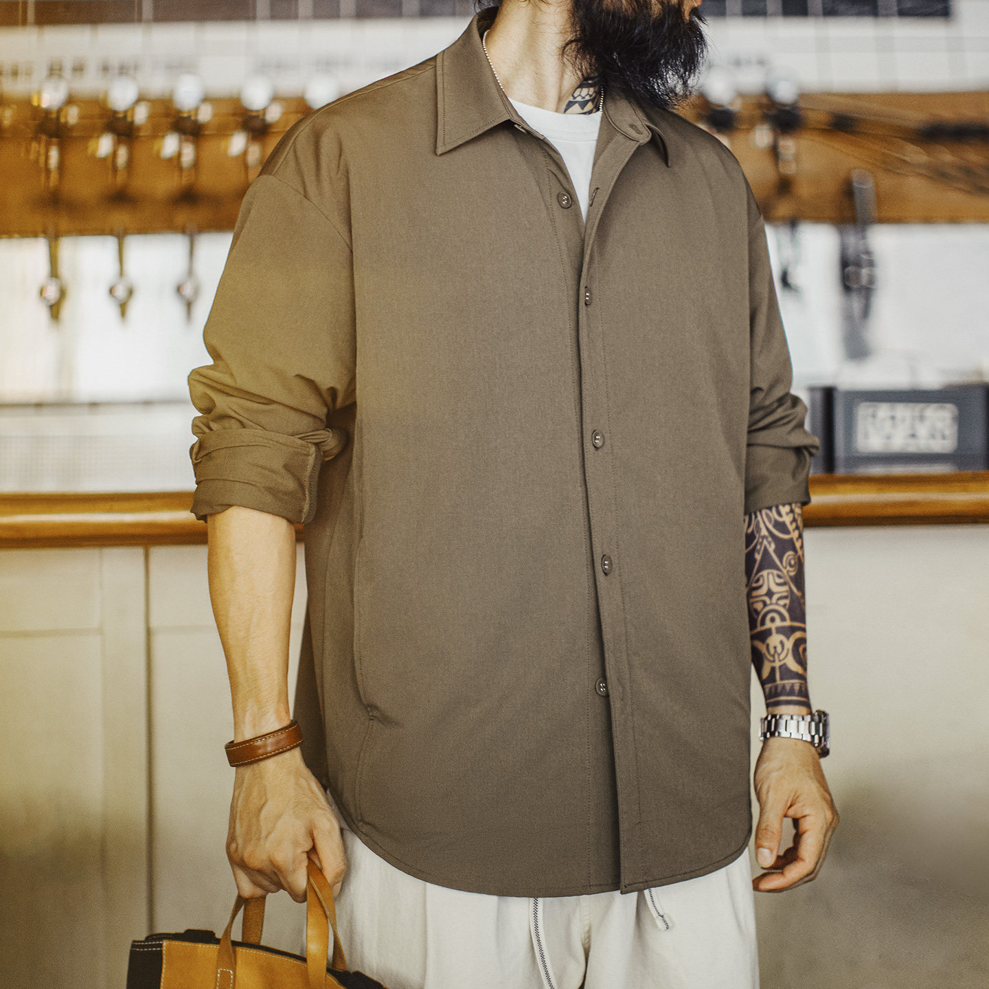 美式復古獵裝襯衫外套肘部拼接翻領正肩長袖薄款襯衣男春