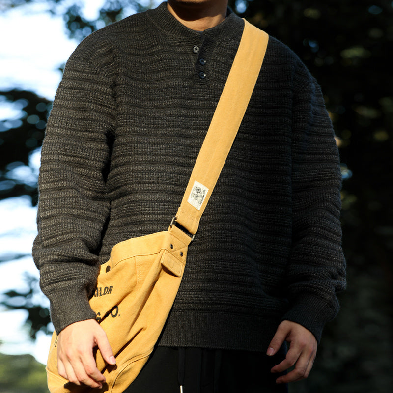 美式慵懶風亨利領針織毛衣男850g重磅復古肌理感上衣-Retro's Wear