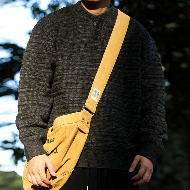 美式慵懶風亨利領針織毛衣男850g重磅復古肌理感上衣-Retro's Wear