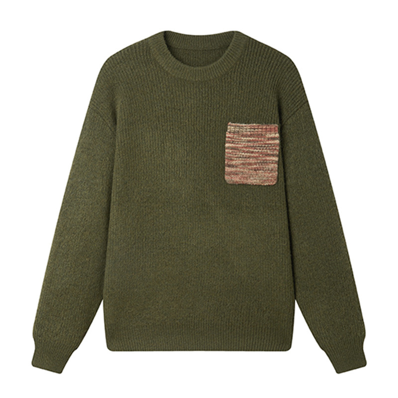 重磅仿牛絨圓領毛衣男編織肌理撞色口袋慵懶風毛線衣冬