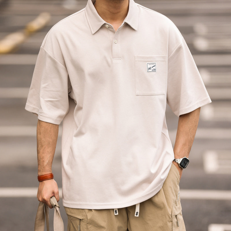 日系痞帥短袖POLO衫男士口袋貼標翻領美式復古重磅保羅T恤夏-Retro's Wear
