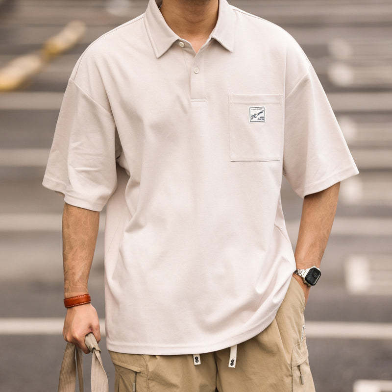 日系痞帥短袖POLO衫男士口袋貼標翻領美式復古重磅保羅T恤夏-Retro's Wear