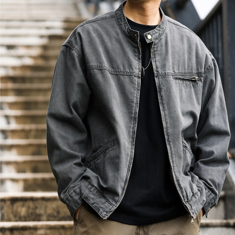 美式vintage立領底特律夾克男微寬帆布做舊戶外硬漢工裝外套-Retro's Wear