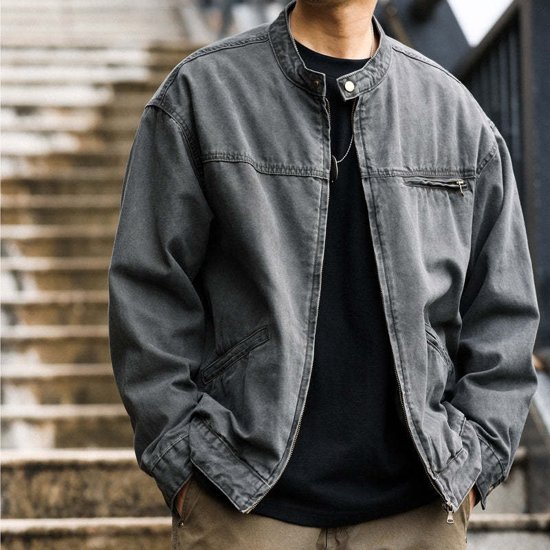 美式vintage立領底特律夾克男微寬帆布做舊戶外硬漢工裝外套-Retro's Wear