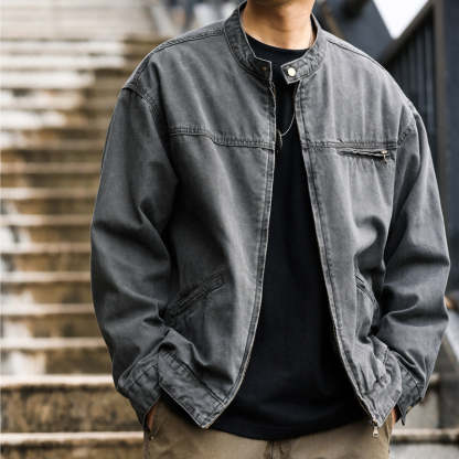 美式vintage立領底特律夾克男微寬帆布做舊戶外硬漢工裝外套-Retro's Wear