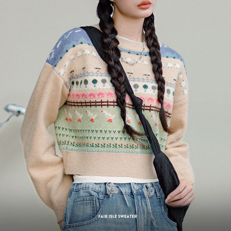 復古費爾島小動物提花毛衣慵懶風套頭圓領內搭針織衫秋季女-Retro's Wear