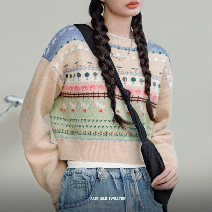 復古費爾島小動物提花毛衣慵懶風套頭圓領內搭針織衫秋季女-Retro's Wear