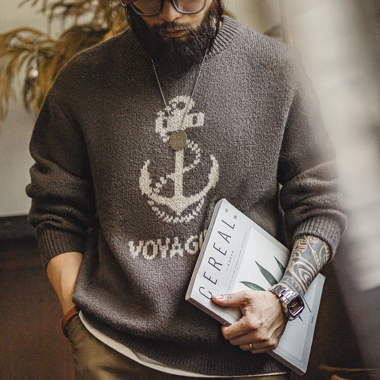 美式復古針織船錨提花毛衣vintage套頭圓領打底衫男秋冬-Retro's Wear