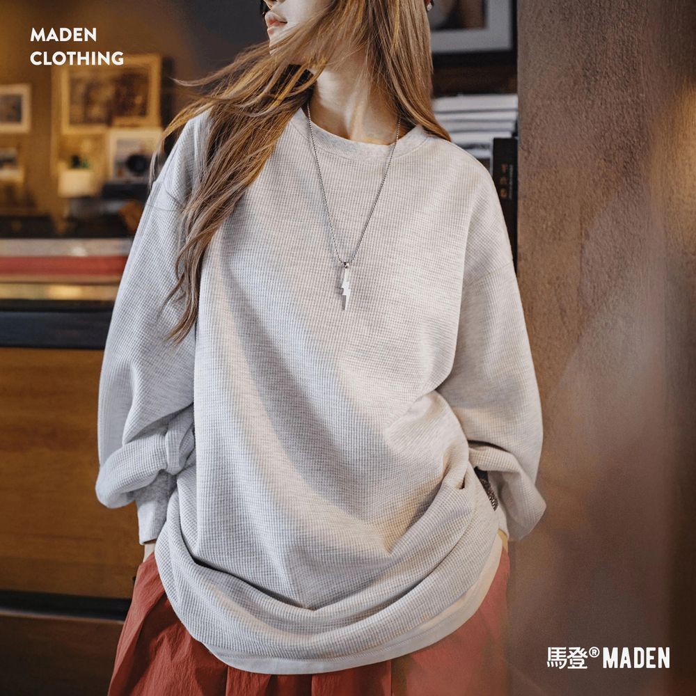 華夫格燈籠袖長袖t恤衛衣寬鬆外穿套頭落肩圓領上衣秋款女