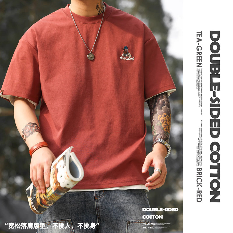 美式休閒趣味刺繡短袖T恤男210g雙面棉安可拉紅色打底衫