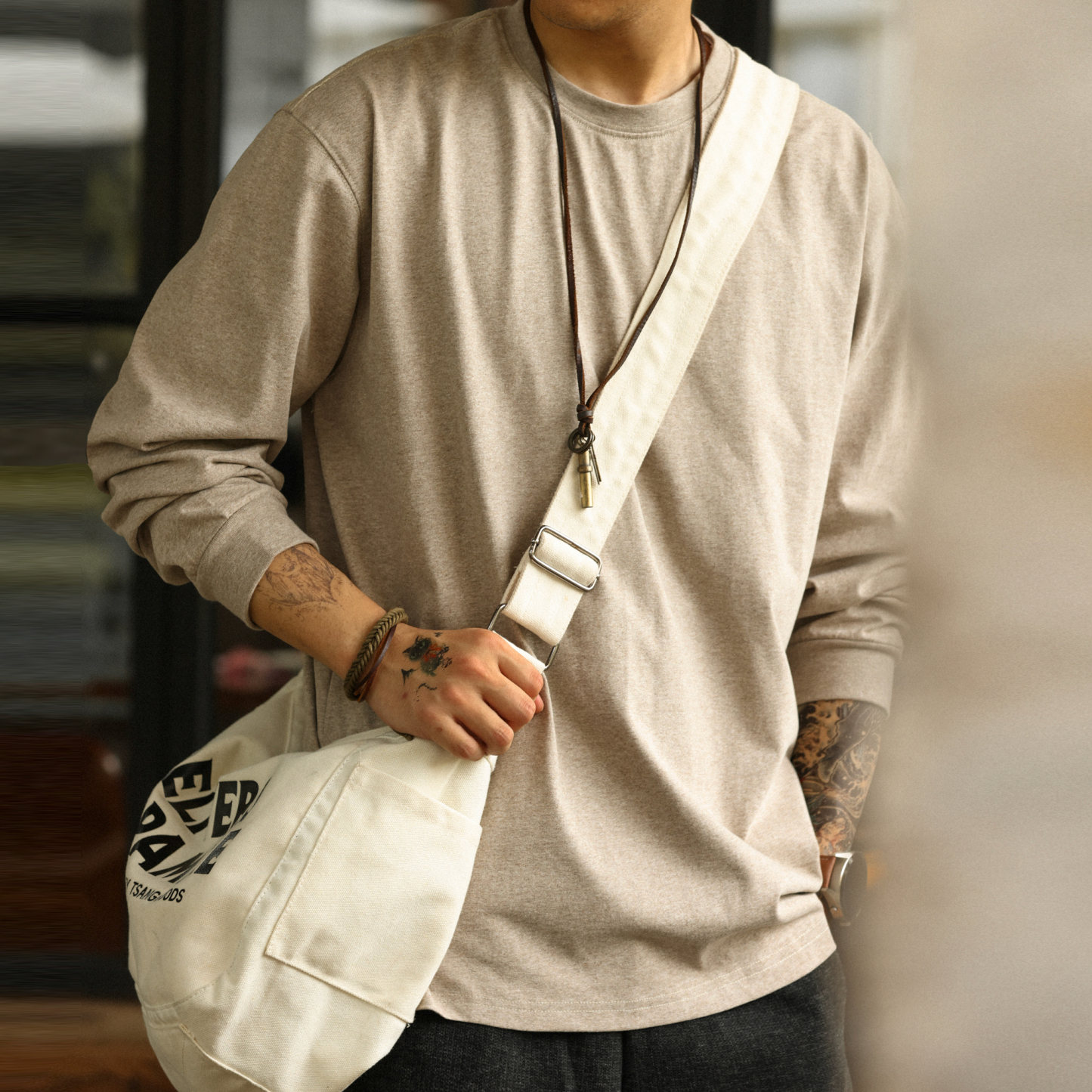 美式休閒260g燕麥灰圓領長袖T恤男秋季寬鬆基礎款打底衫