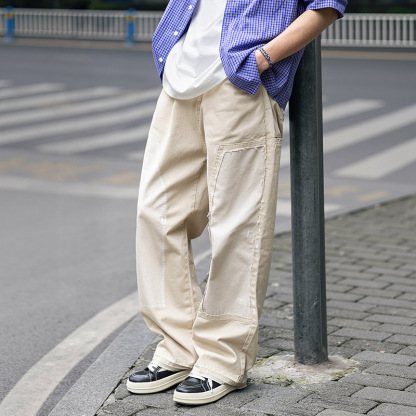 MRA破壞潑墨寬鬆米白牛仔褲復古休閒直筒多口袋伐木工褲男夏