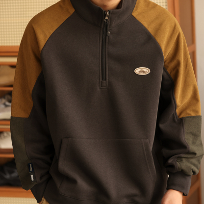 日系復古撞色拼接立領衛衣男330g重磅半拉鍊套頭上衣外套