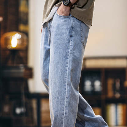 美式淺藍色復古牛仔褲男士春夏2025新款純棉水洗寬鬆直筒褲子男