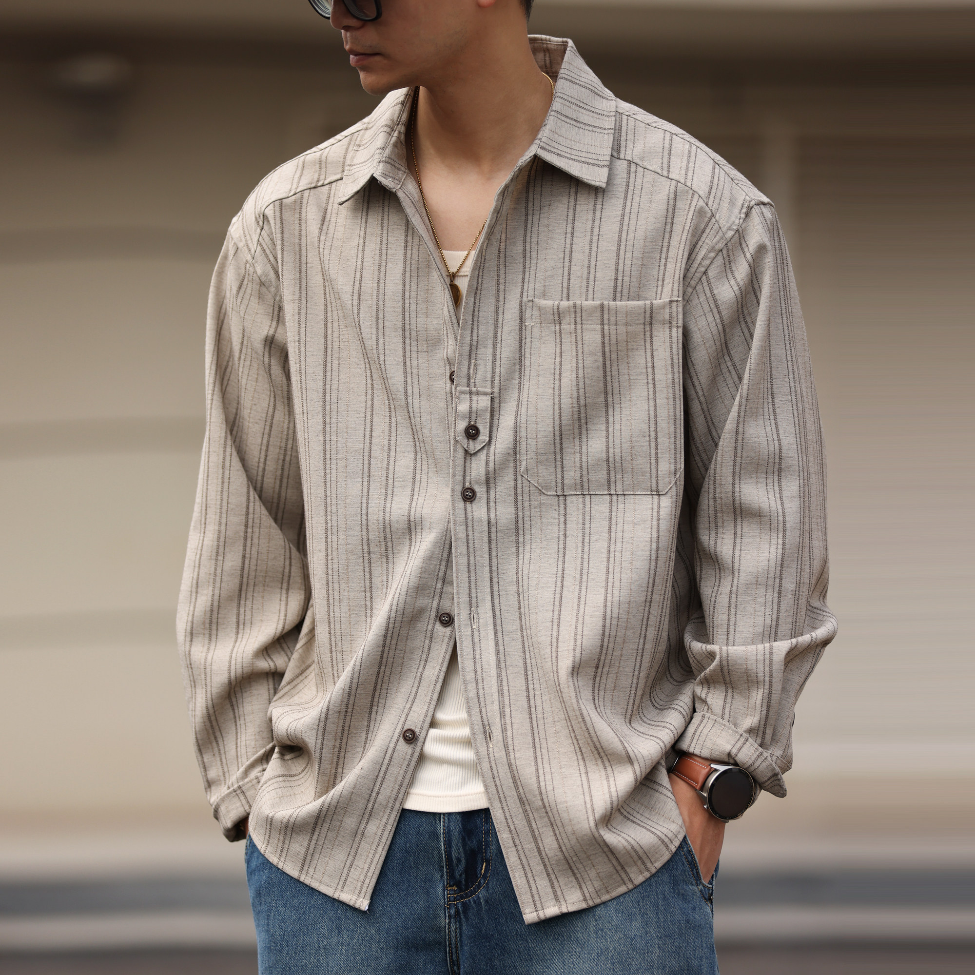 美式復古豎條紋工裝長袖襯衫男士挺闊立體感外搭襯衣春