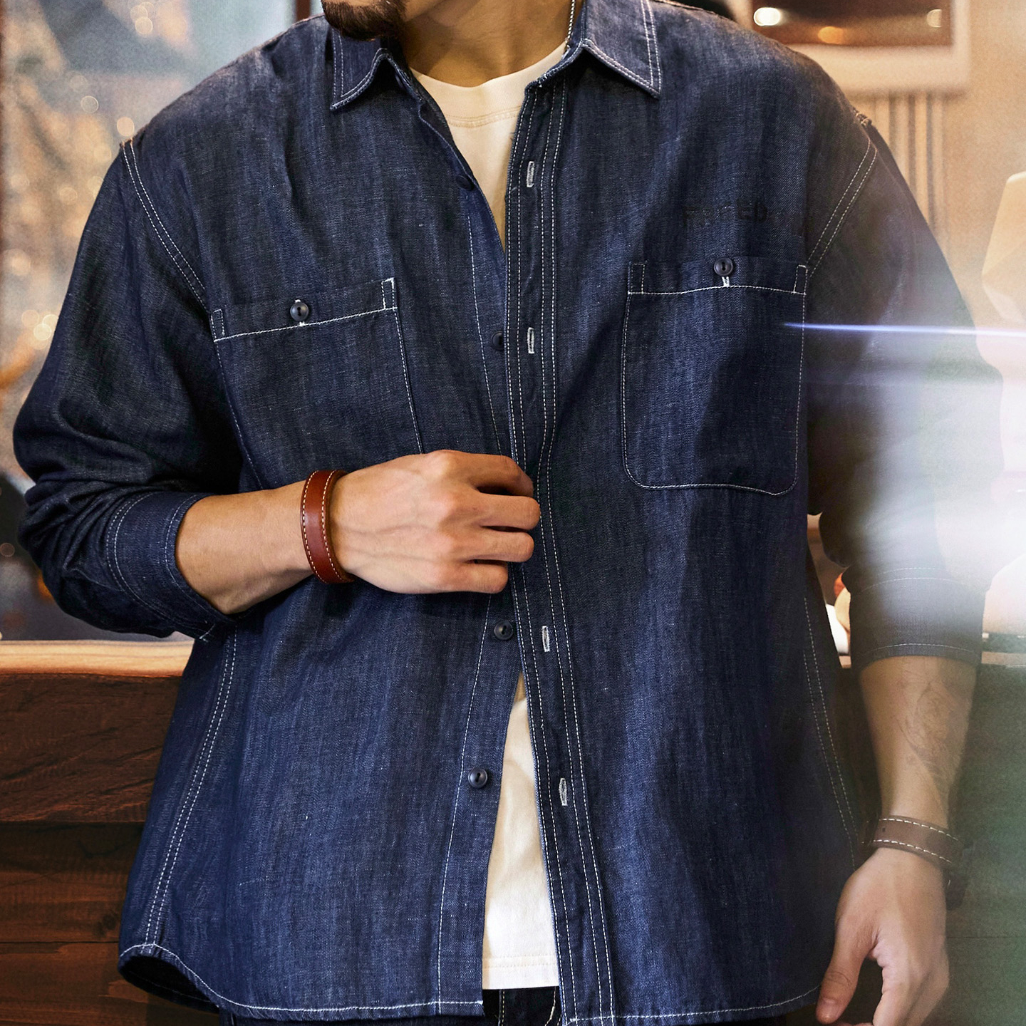漢麻簡約藍色牛仔襯衫男2025秋季新款抗靜電長袖襯衣