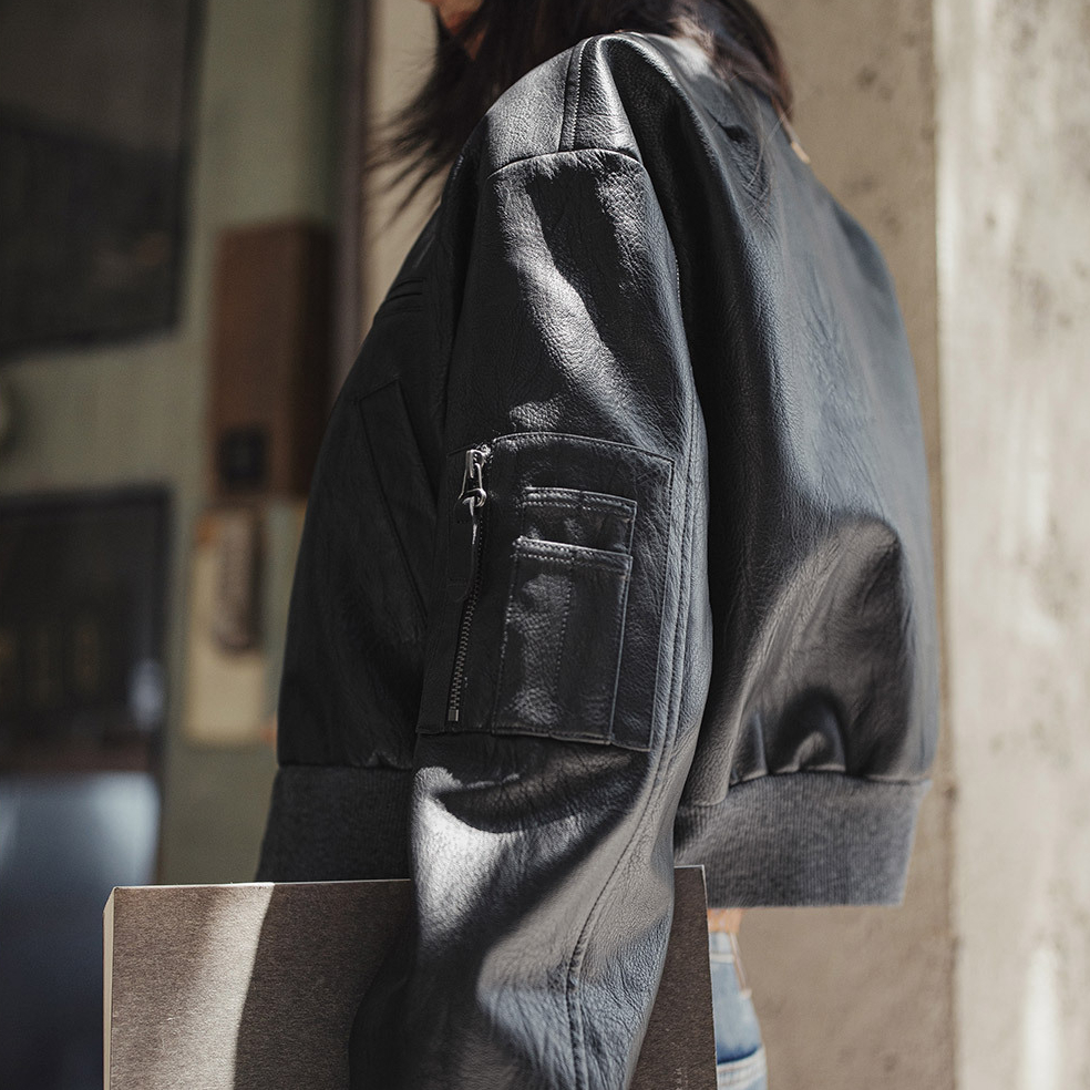 美式黑色飛行員棒球圓領短款版機車pu軟小皮衣夾克外套女士秋