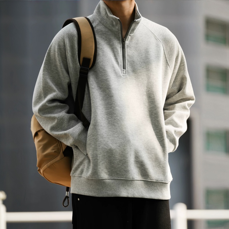 美式萊賽爾半拉鍊立領休閒衛衣男士寬鬆插肩袖休閒上衣