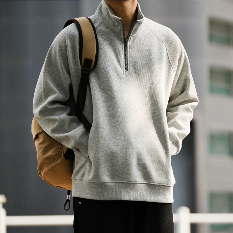 美式萊賽爾半拉鍊立領休閒衛衣男士寬鬆插肩袖休閒上衣