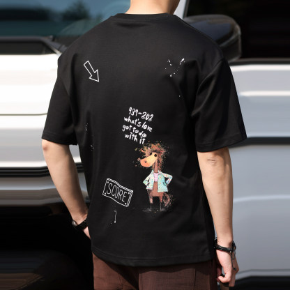 美式休閒刺繡印花短袖T恤男生微寬趣味卡通210g打底衫夏