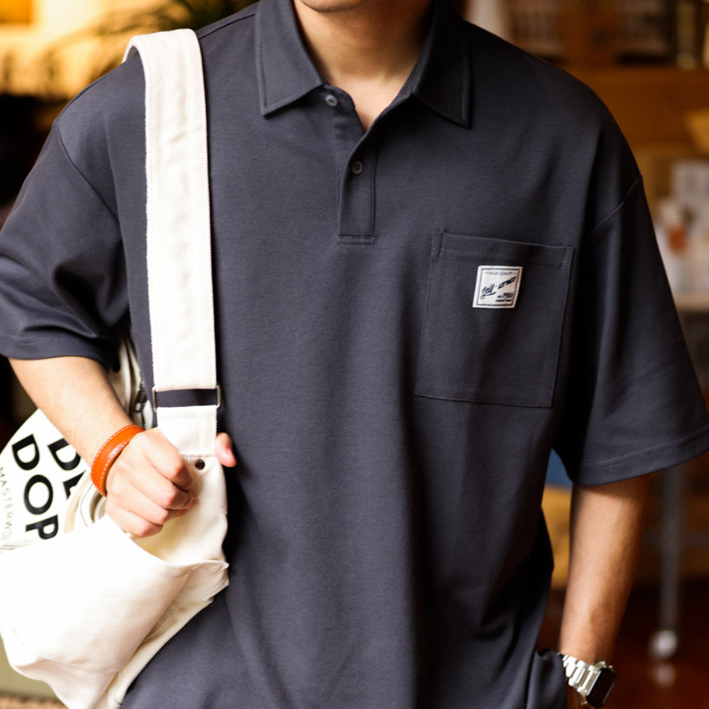 日系痞帥短袖POLO衫男士口袋貼標翻領美式復古重磅保羅T恤夏-Retro's Wear