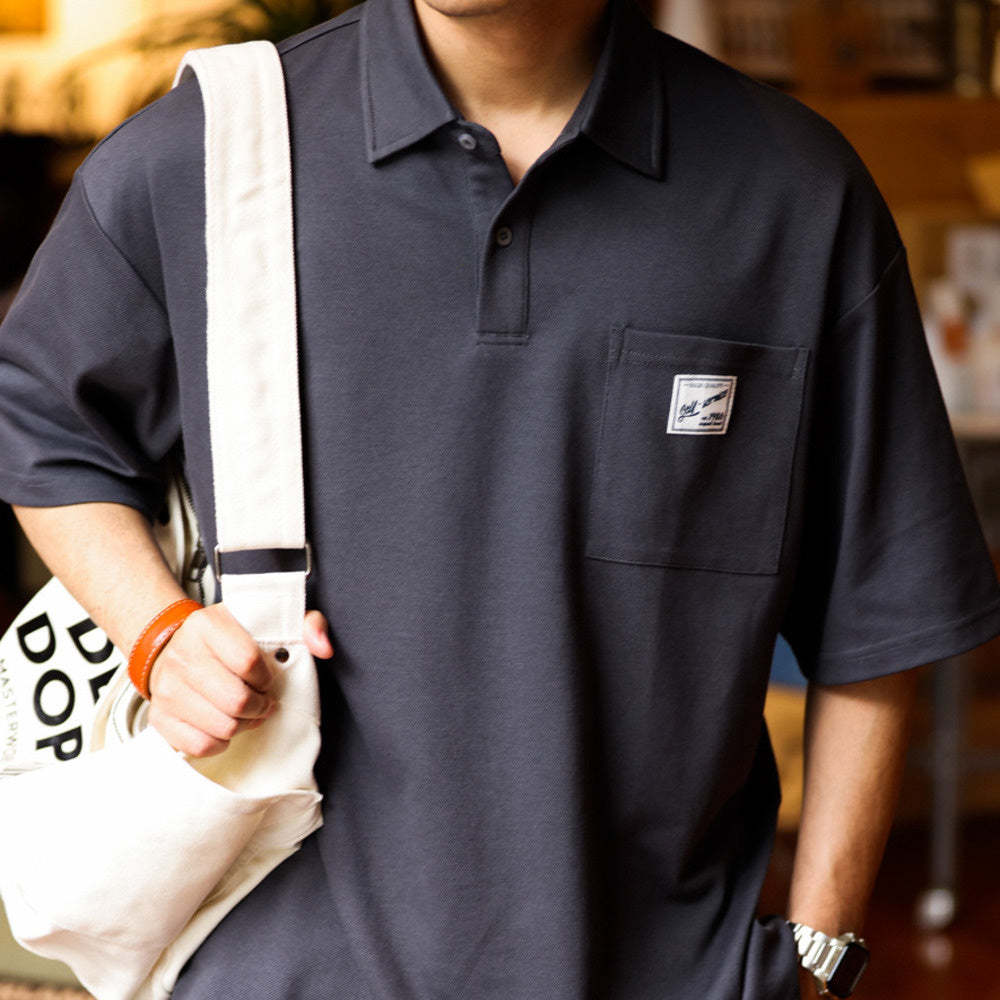 日系痞帥短袖POLO衫男士口袋貼標翻領美式復古重磅保羅T恤夏-Retro's Wear