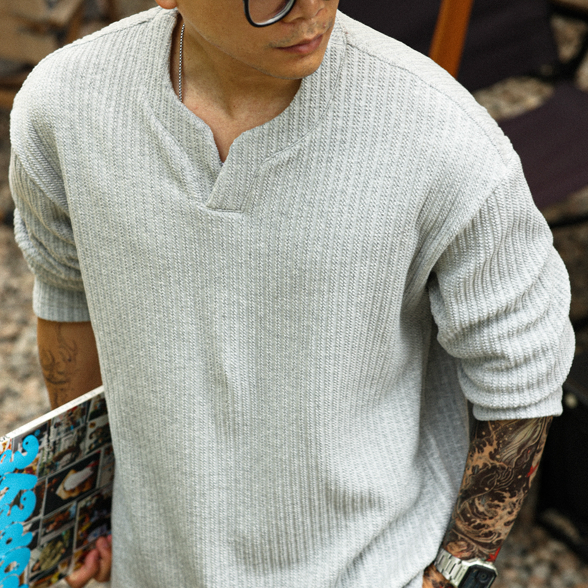 美式高級感提花小V領長袖T恤男330g重磅肌理感疊穿衛衣