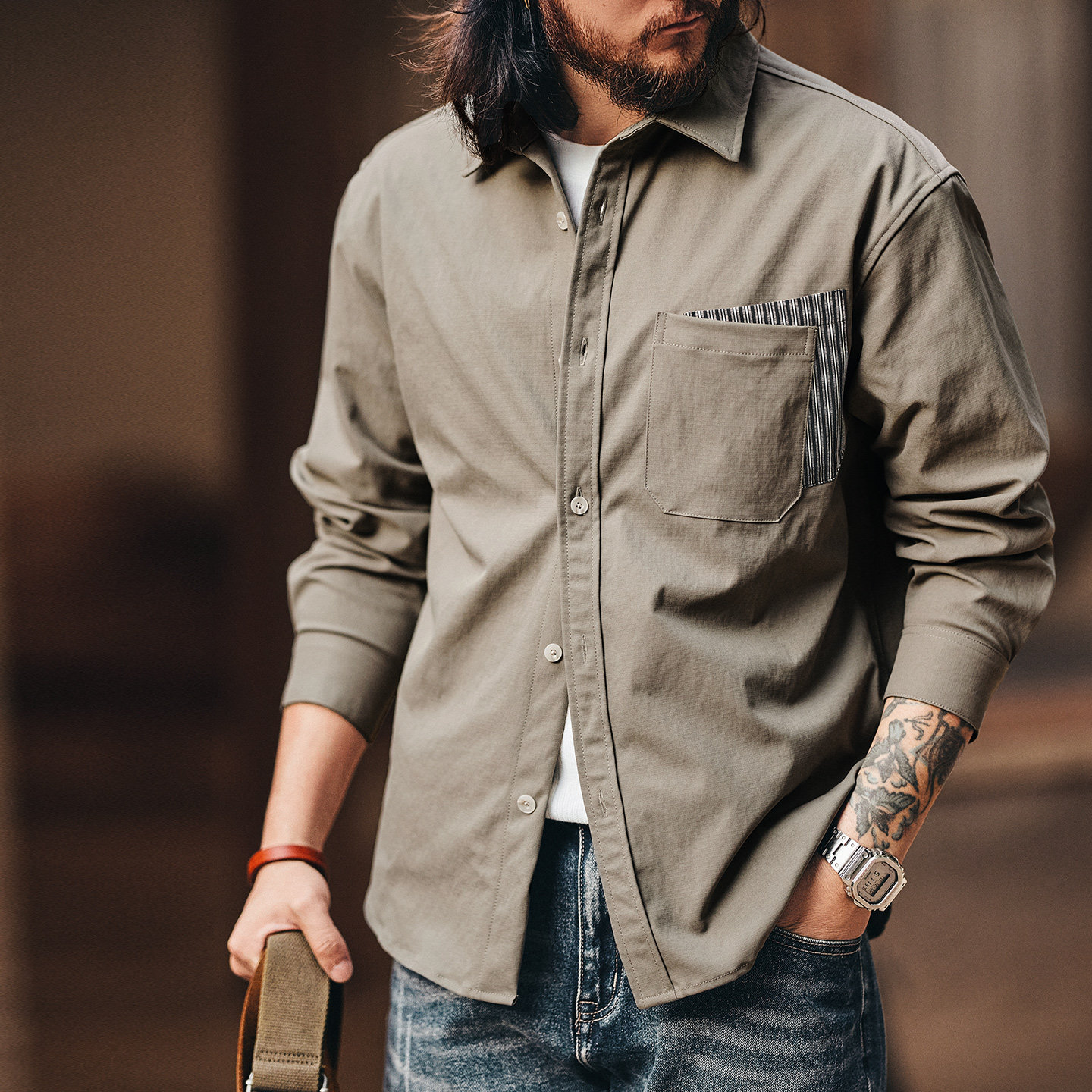 美式復古設計感撞色口袋拼接長袖襯衫男春秋季工裝襯衣外套