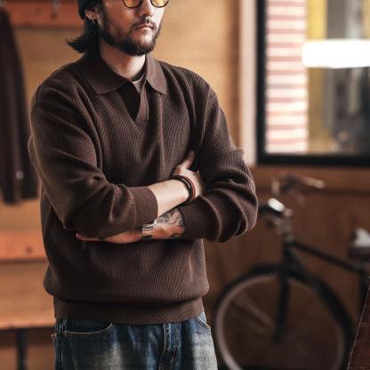 美式復古老錢風海鷗領毛衣男秋冬款寬鬆潮牌保暖POLO針織衫