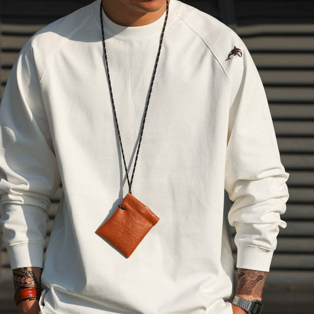 美式休閒300g重磅插肩長袖T恤男鯨魚印花三本針純棉TEE