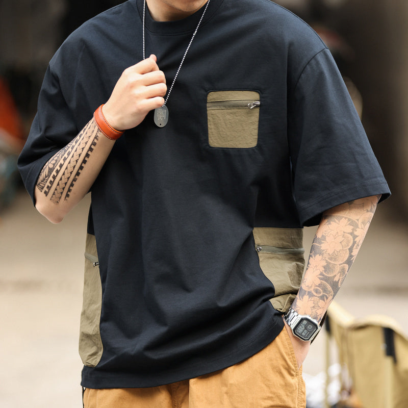 美式復古戶外拉鍊口袋設計短袖T恤男寬鬆撞色拼接機能風TEE-Retro's Wear